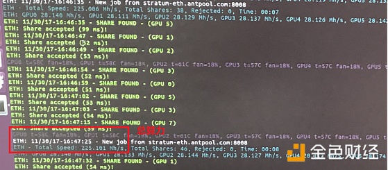 挖矿日志中每张显卡的算力和矿机的总算力